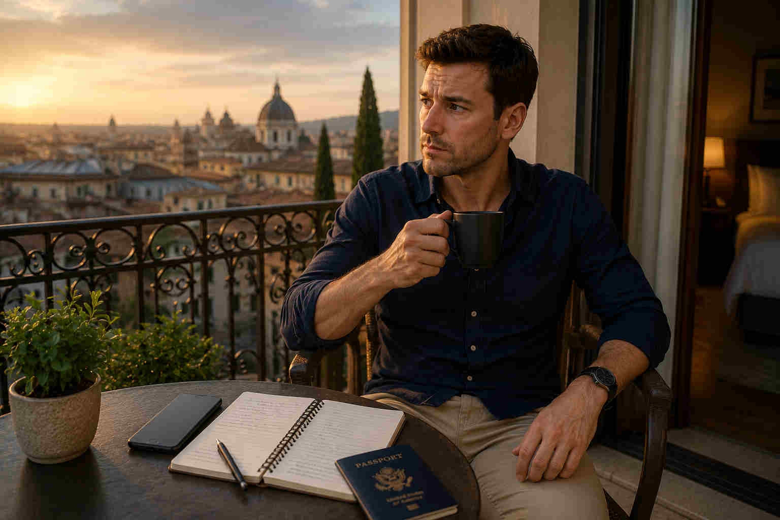 Man calmly reflecting alone on a hotel balcony during an overseas dating trip