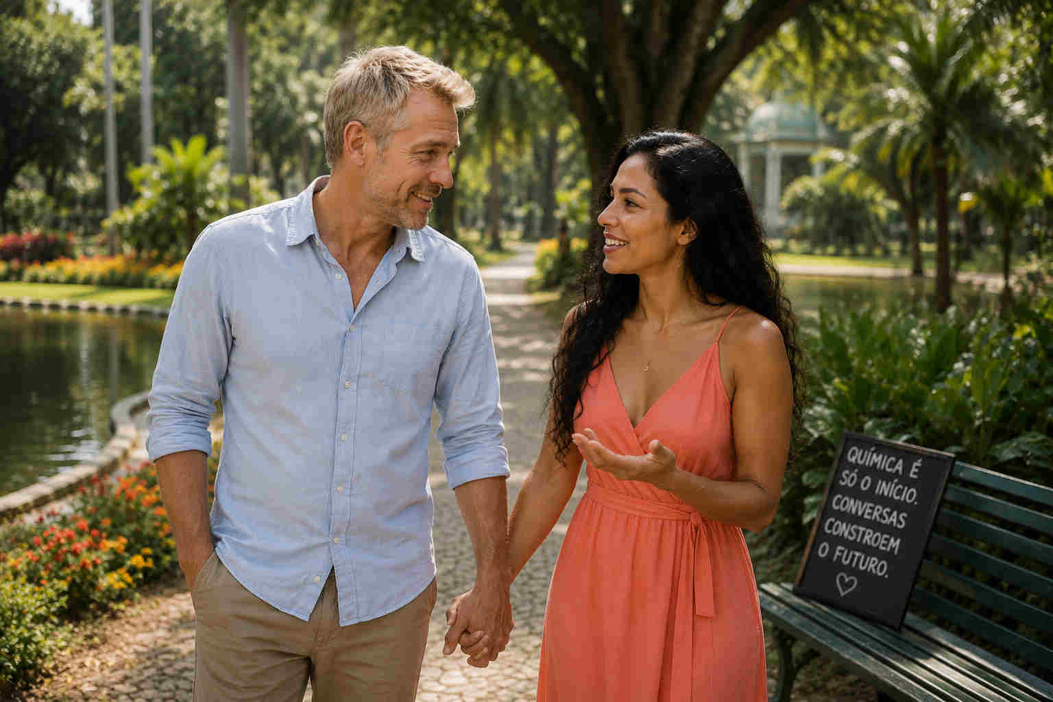 Affectionate mature couple walking through a Brazilian garden while discussing their relationship