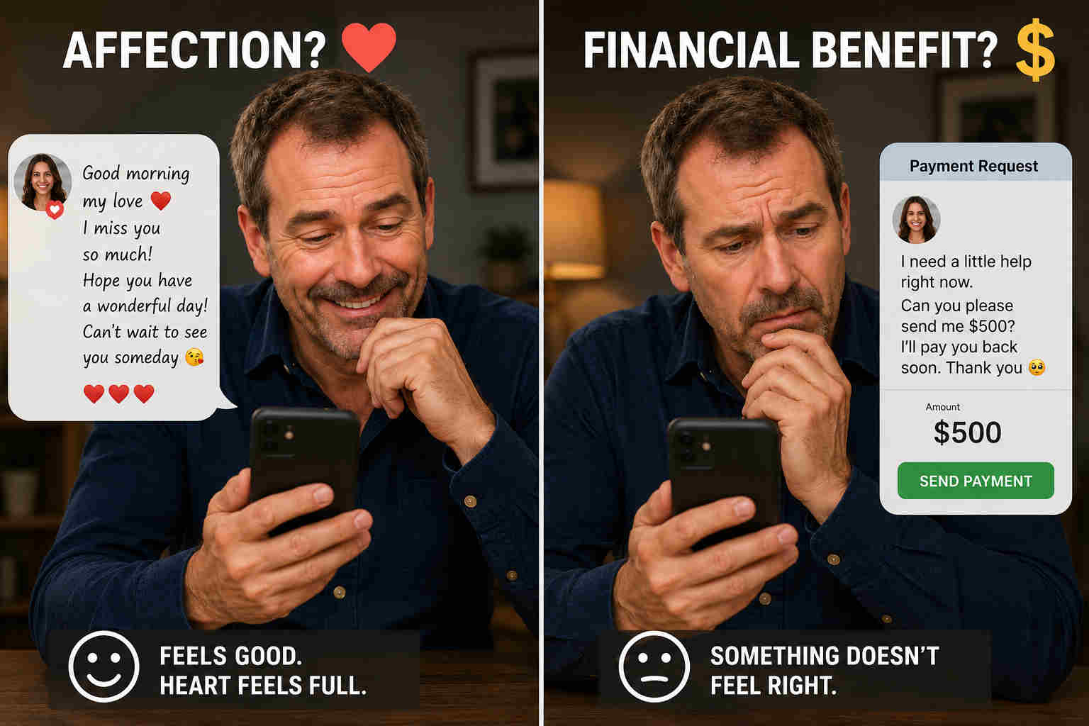 Man comparing a warm romantic message with a request for a money transfer