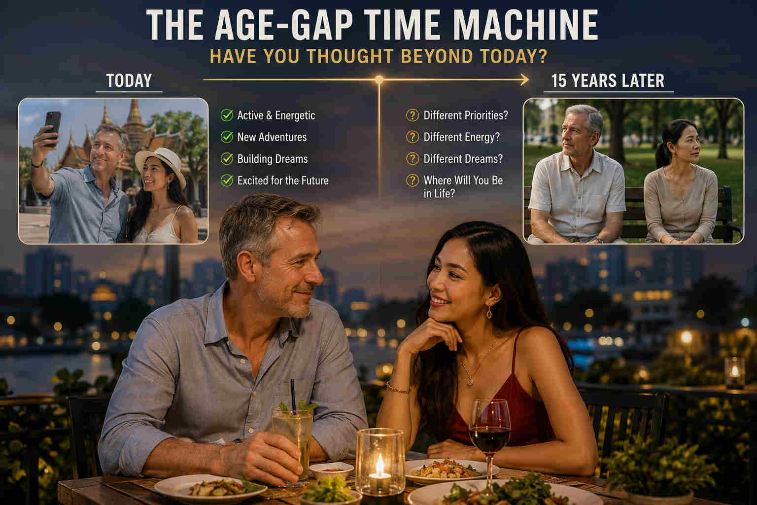 Older American man and younger Thai woman considering the long-term realities of an age-gap relationship