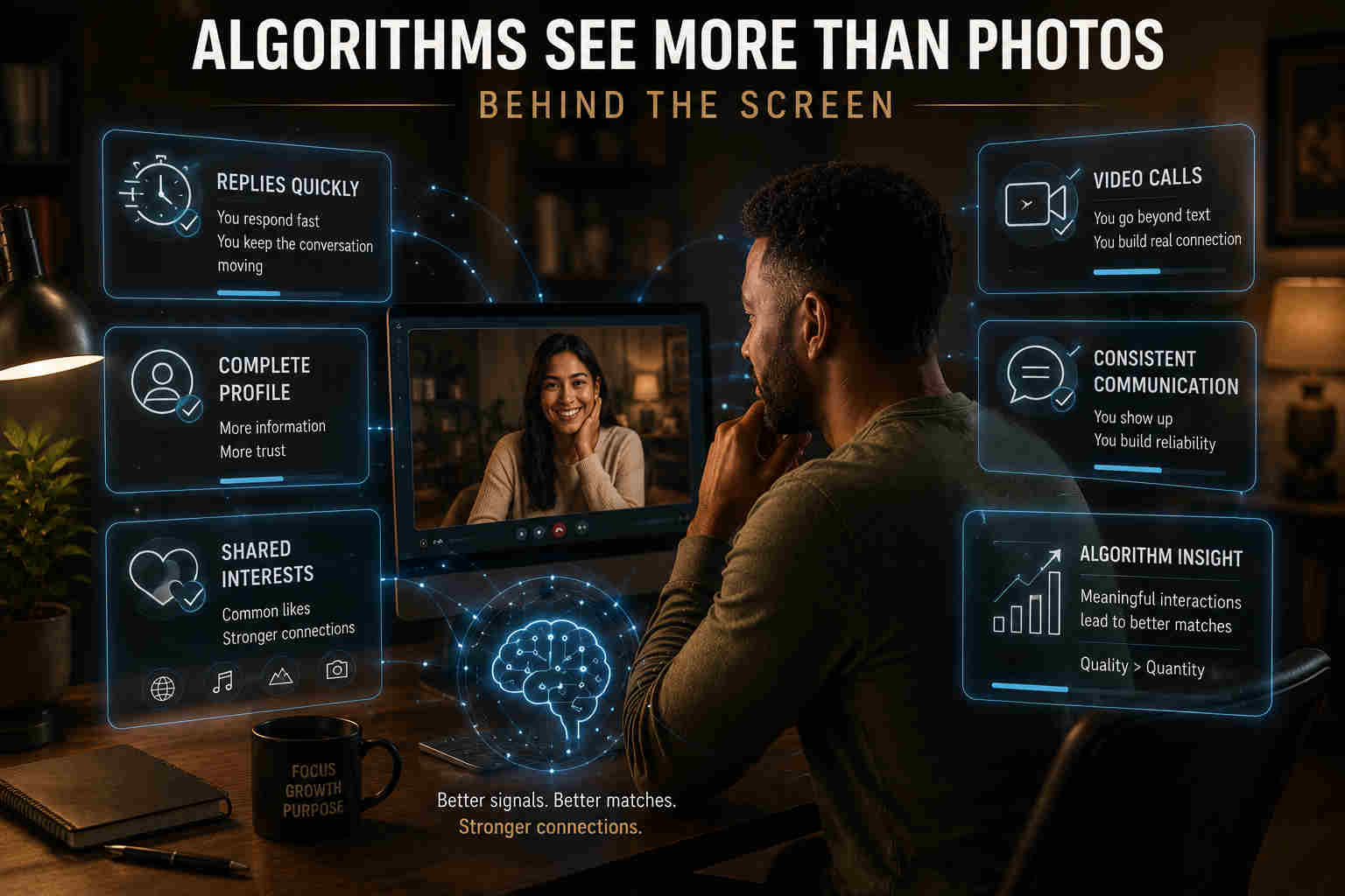 Man at computer surrounded by transparent dating algorithm graphics showing replies quickly complete profile shared interests video calls and consistent communication