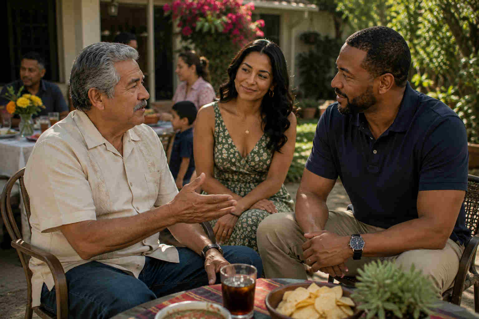 African American man having a respectful conversation with a Mexican woman's father at a backyard gathering