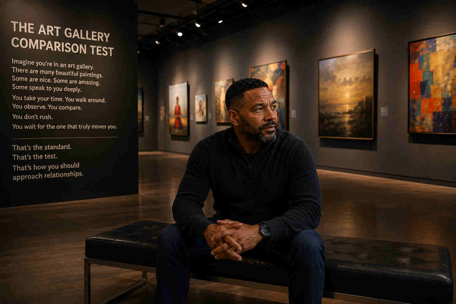 Divorced man reflecting on relationship choices inside an art gallery representing new possibilities