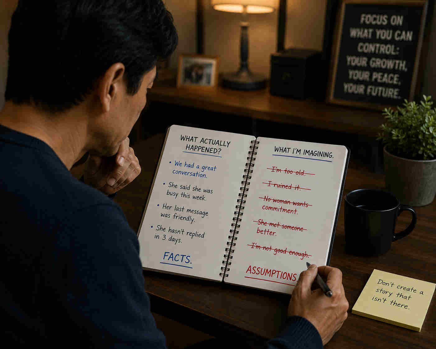 Asian man separating facts from assumptions in a notebook after being ghosted online