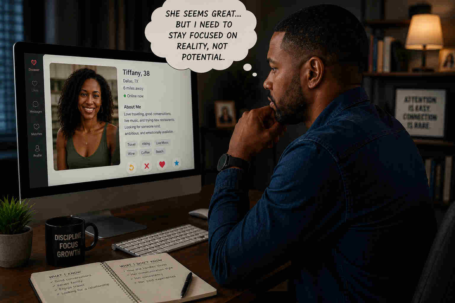 Divorced man realizing attention and connection are different while viewing online dating profiles