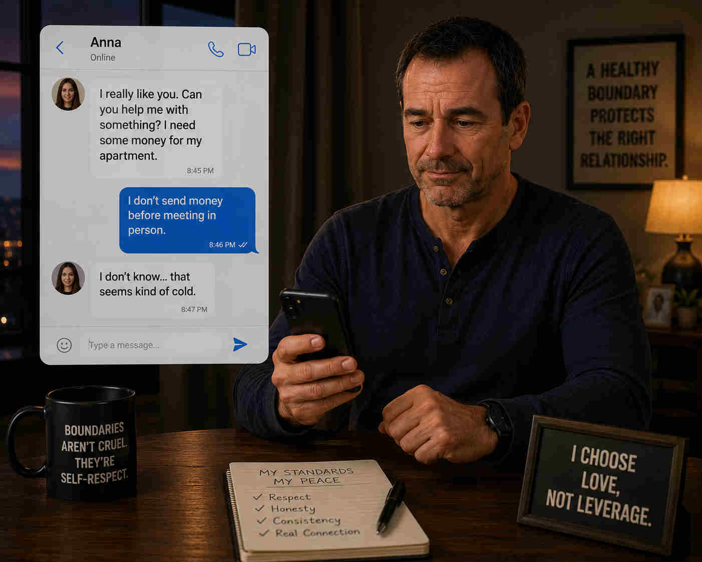 Man confidently telling an online dating match that he does not send money before meeting in person