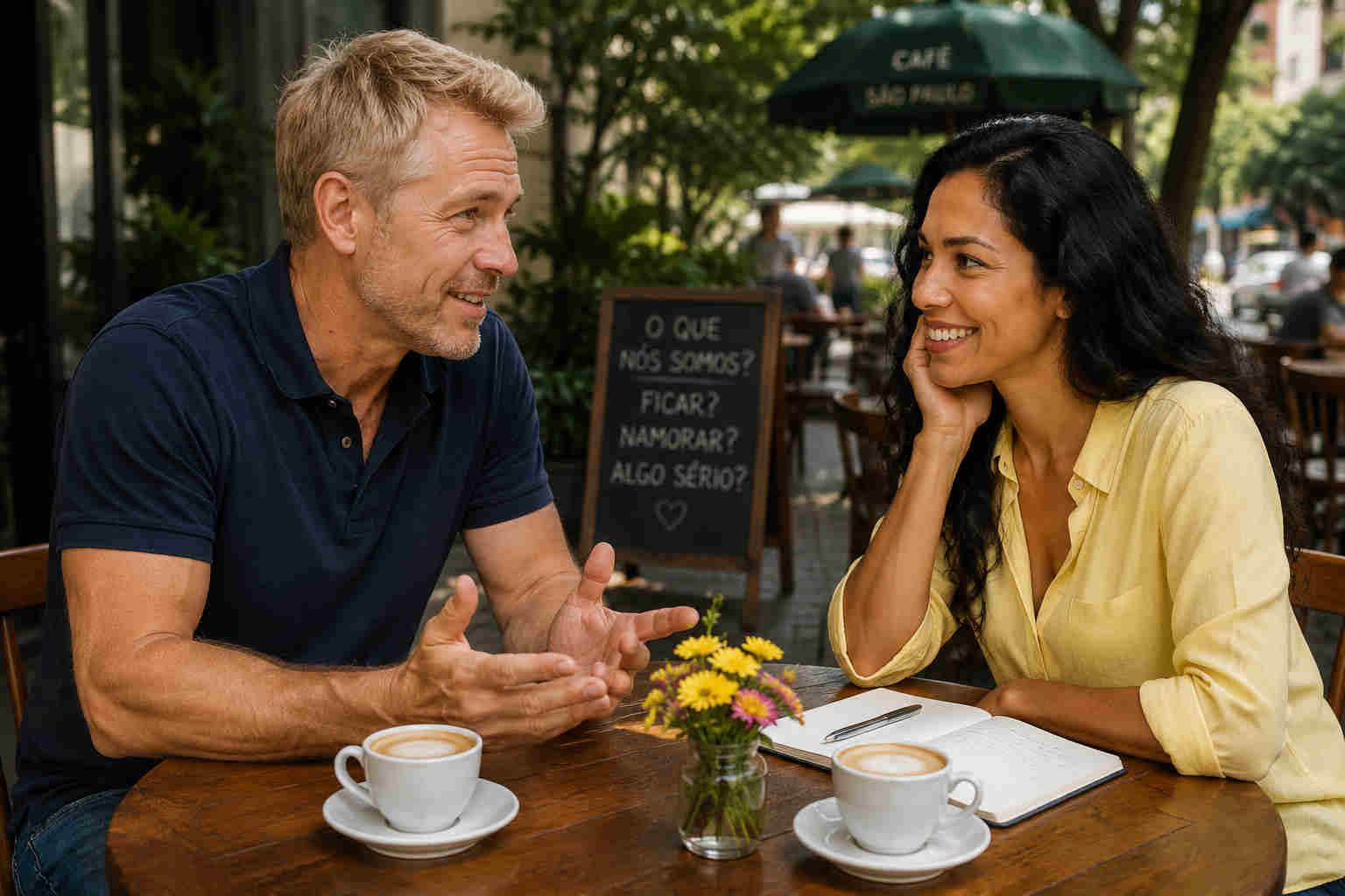 American man and Brazilian woman discussing exclusivity and relationship status at an outdoor café