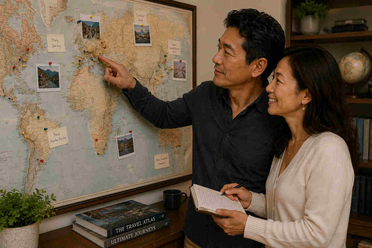 Asian couple in their 50s planning future travel together with a large wall map