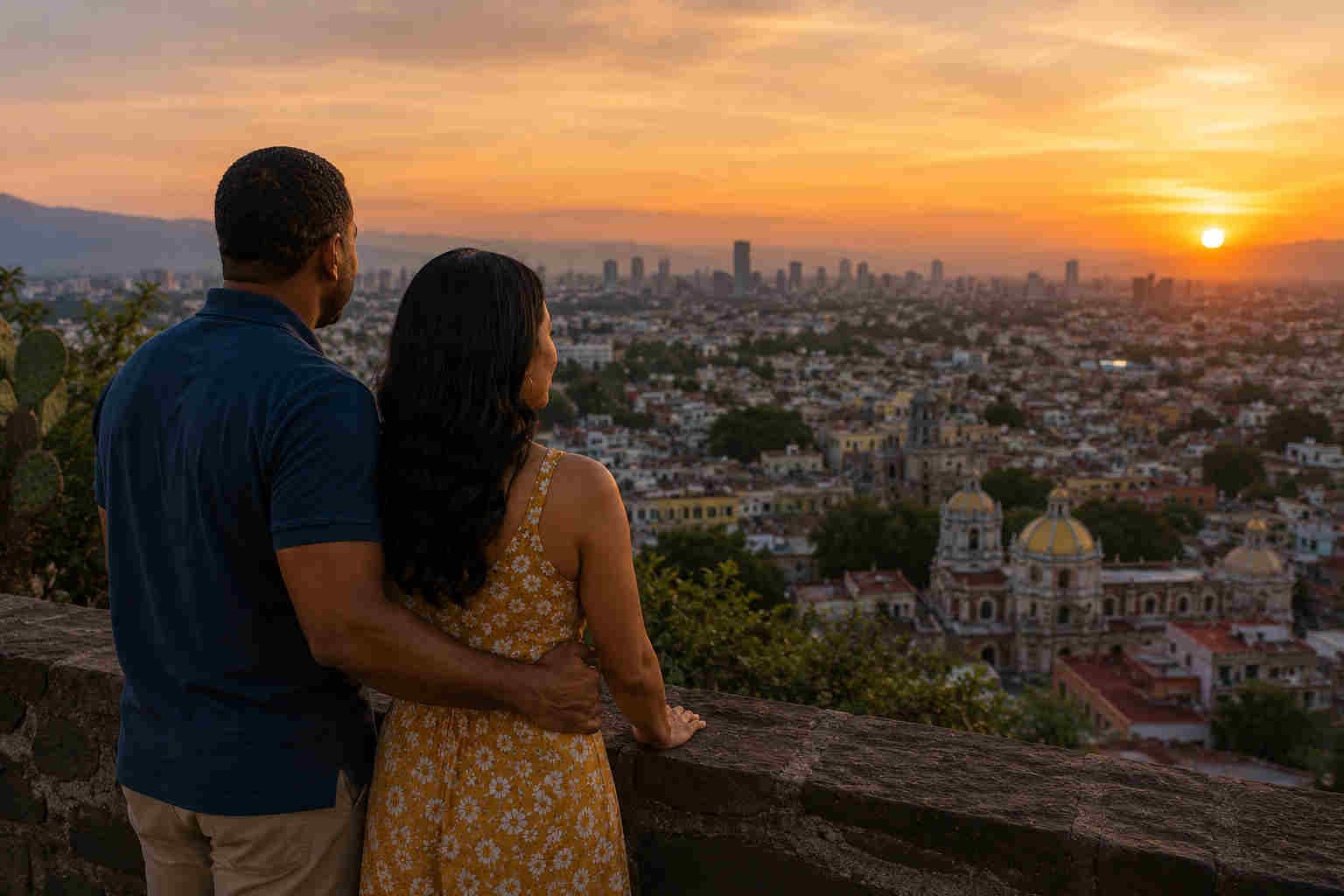 African American man and Mexican woman looking across Mexico City at sunset while considering a future together