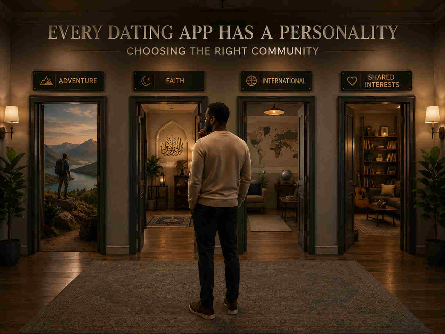 Man standing in a hallway choosing between niche dating communities such as adventure faith international and shared interests