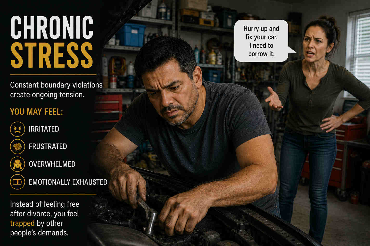 A man working on a car under chronic stress while another person demands access to his time and resources