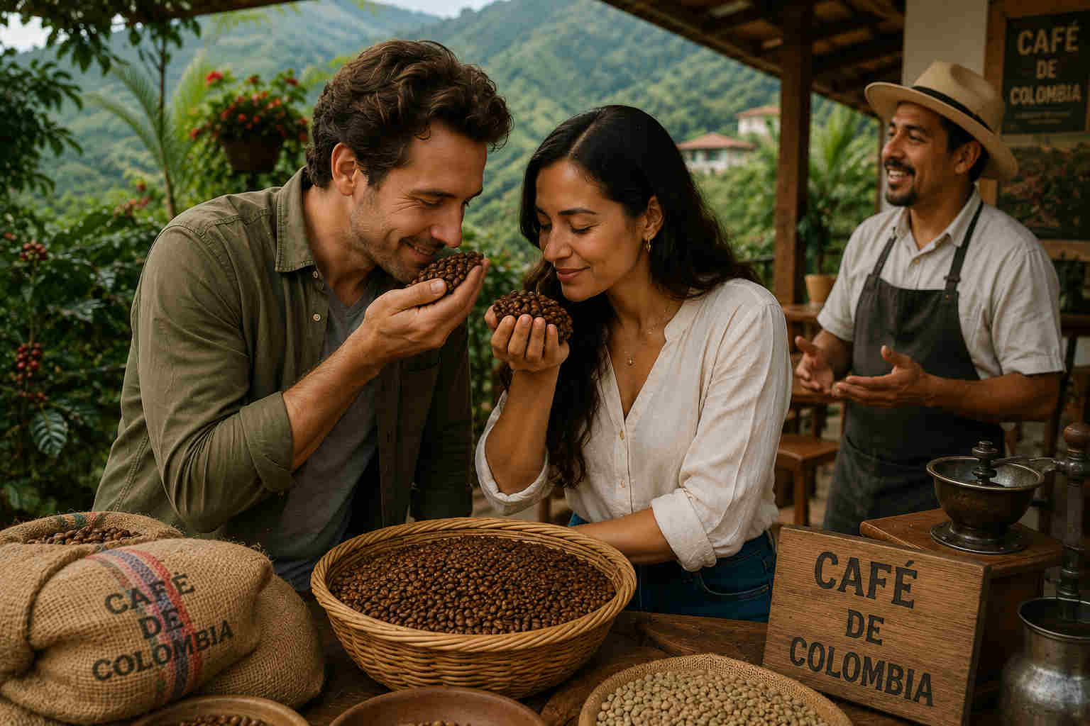 An American man and a Colombian woman smell fresh coffee beans together at a Colombian coffee farm