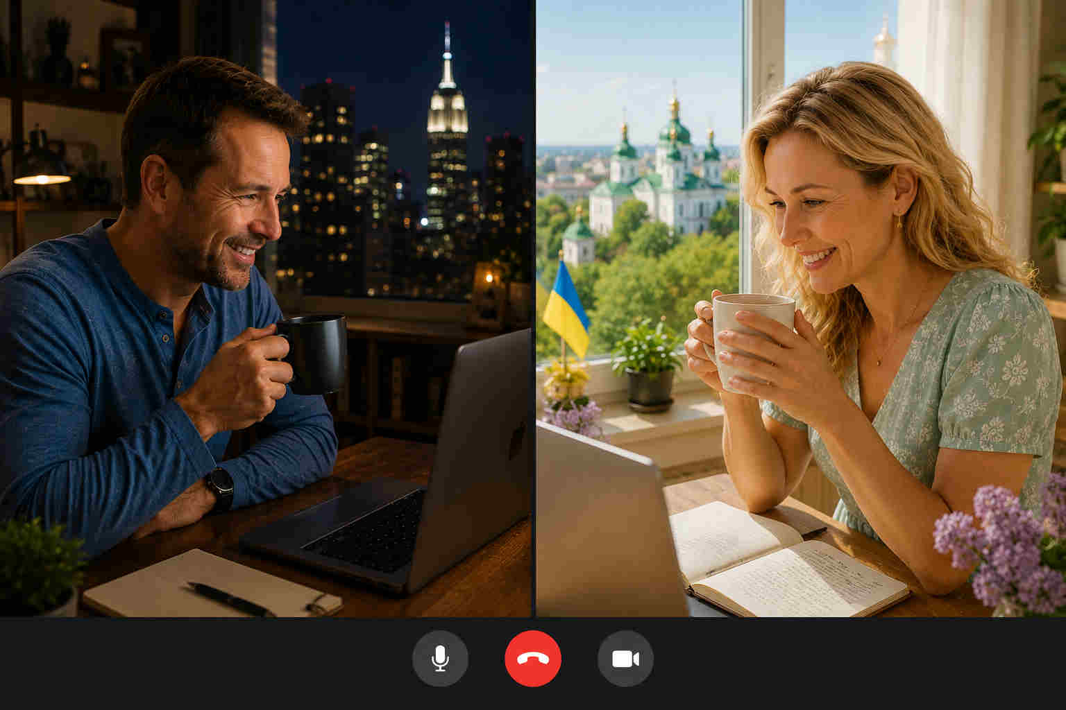 American man and Ukrainian woman enjoying a relaxed international video call from their homes
