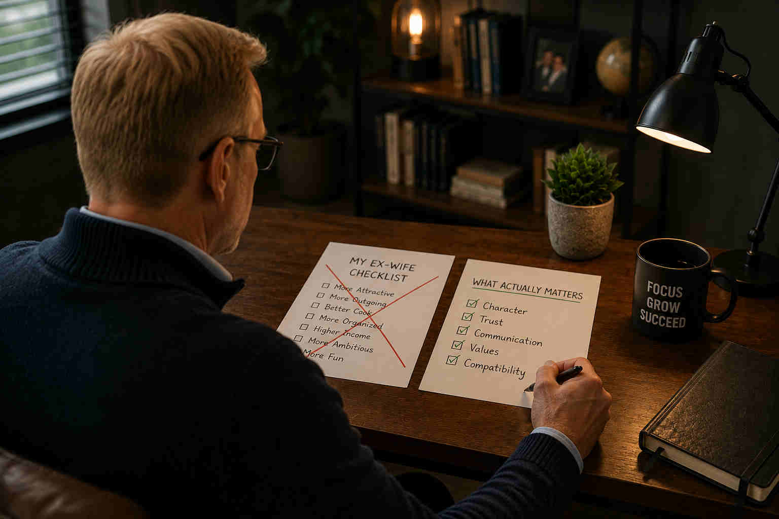 Blond divorced man reviewing checklists that replace ex-wife comparison with character trust communication values and compatibility