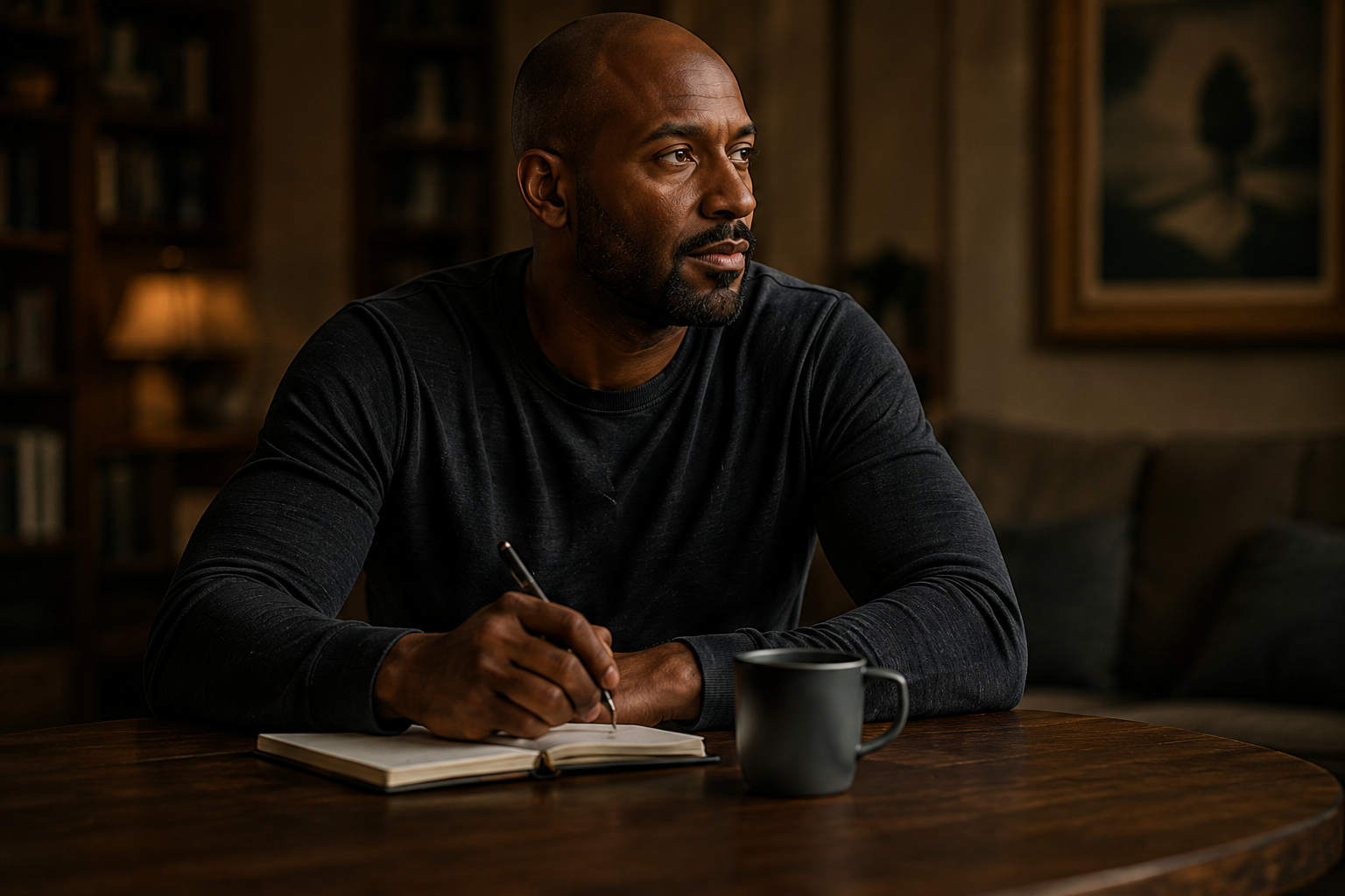 Divorced father thinking at a table with a notebook