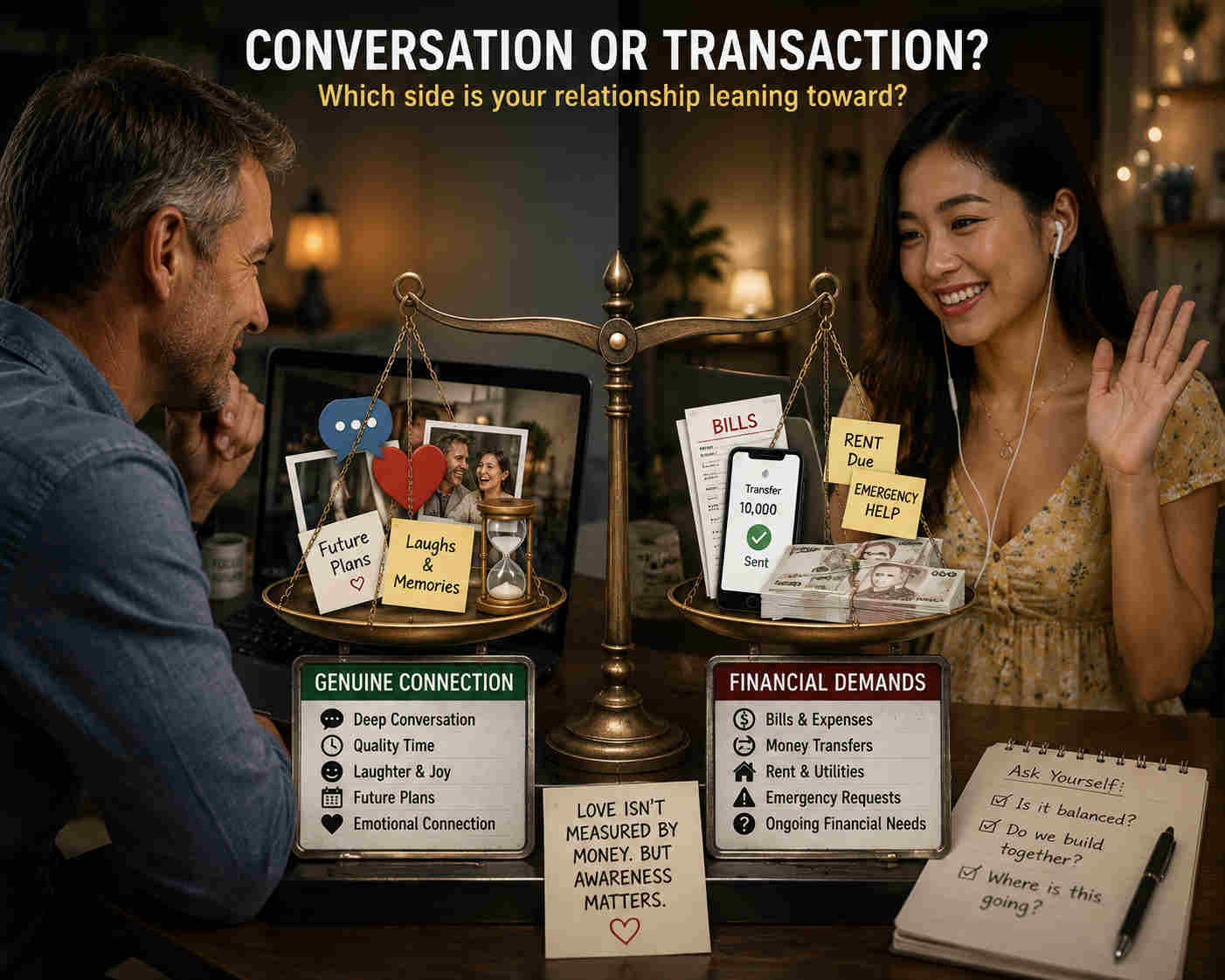 Man questioning whether an online relationship with a Thai woman is based on genuine conversation or financial expectations