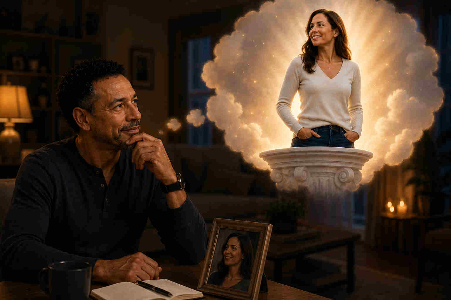 Divorced man imagining his new girlfriend on a pedestal after divorce