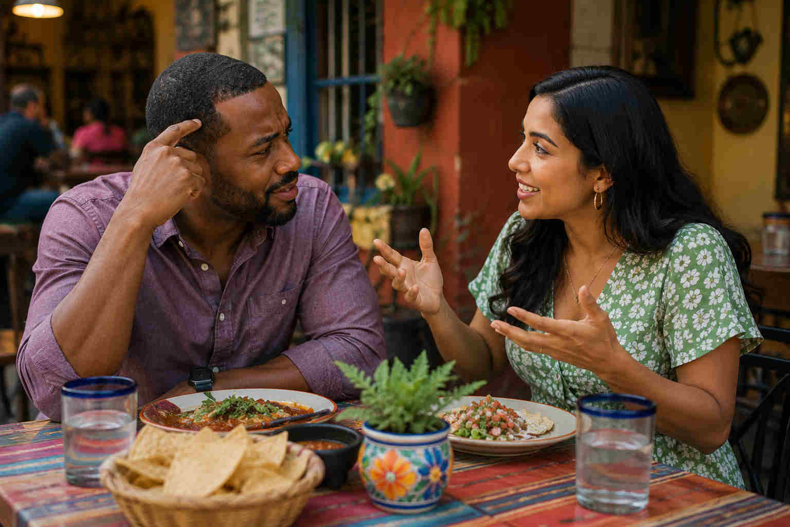 African American man and Mexican woman working through a misunderstanding at a neighborhood restaurant