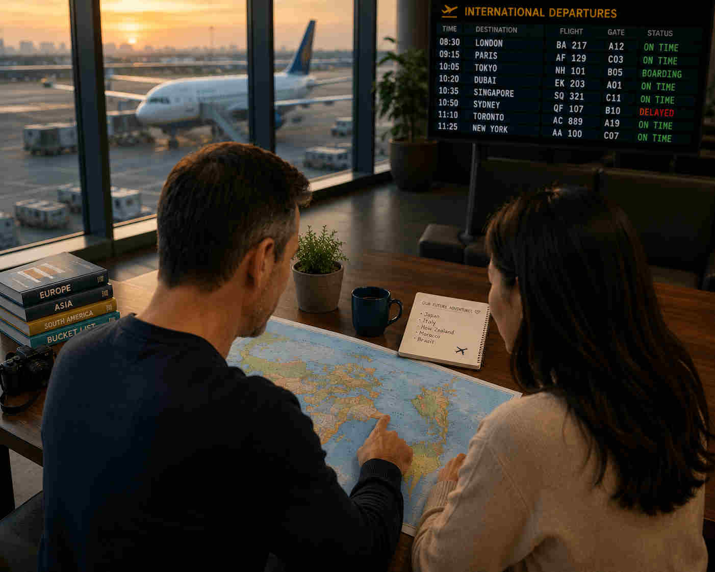 Couple studying a world map together in an international airport lounge