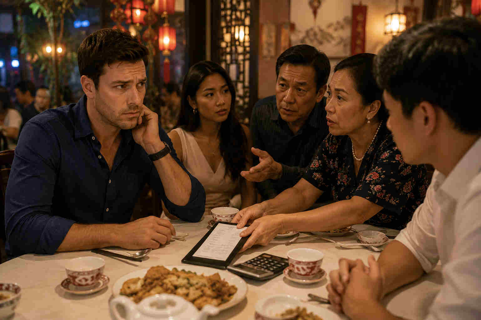 Divorced man facing financial pressure during dinner with an overseas date and her family