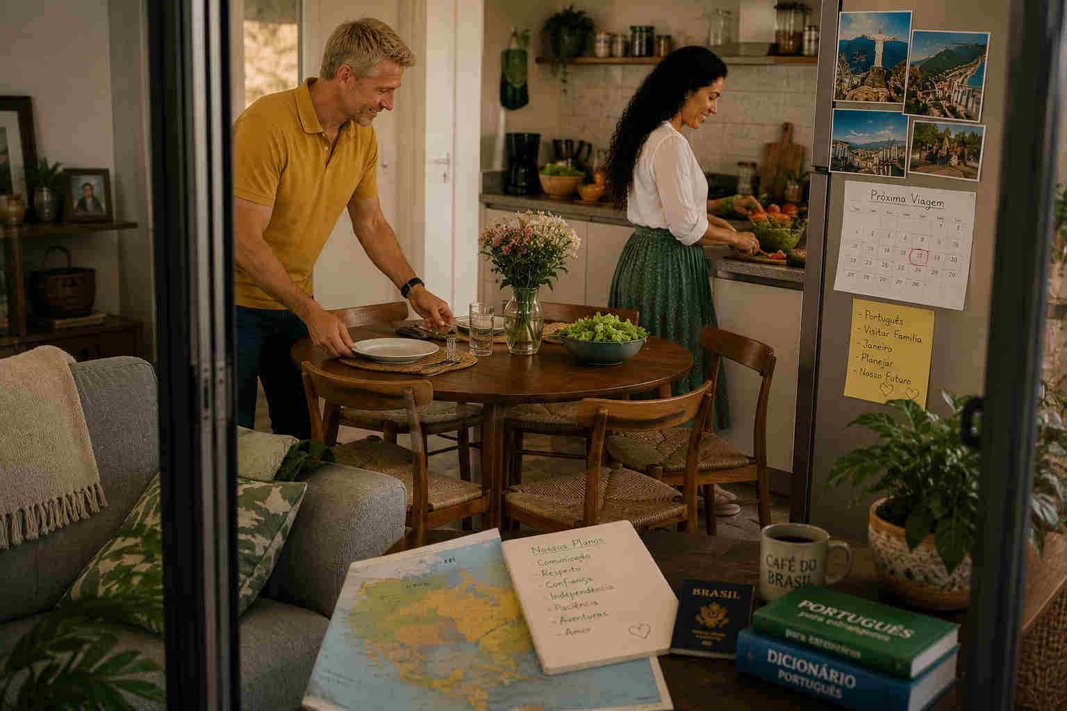 American man and Brazilian woman preparing an ordinary dinner together and building a realistic shared life