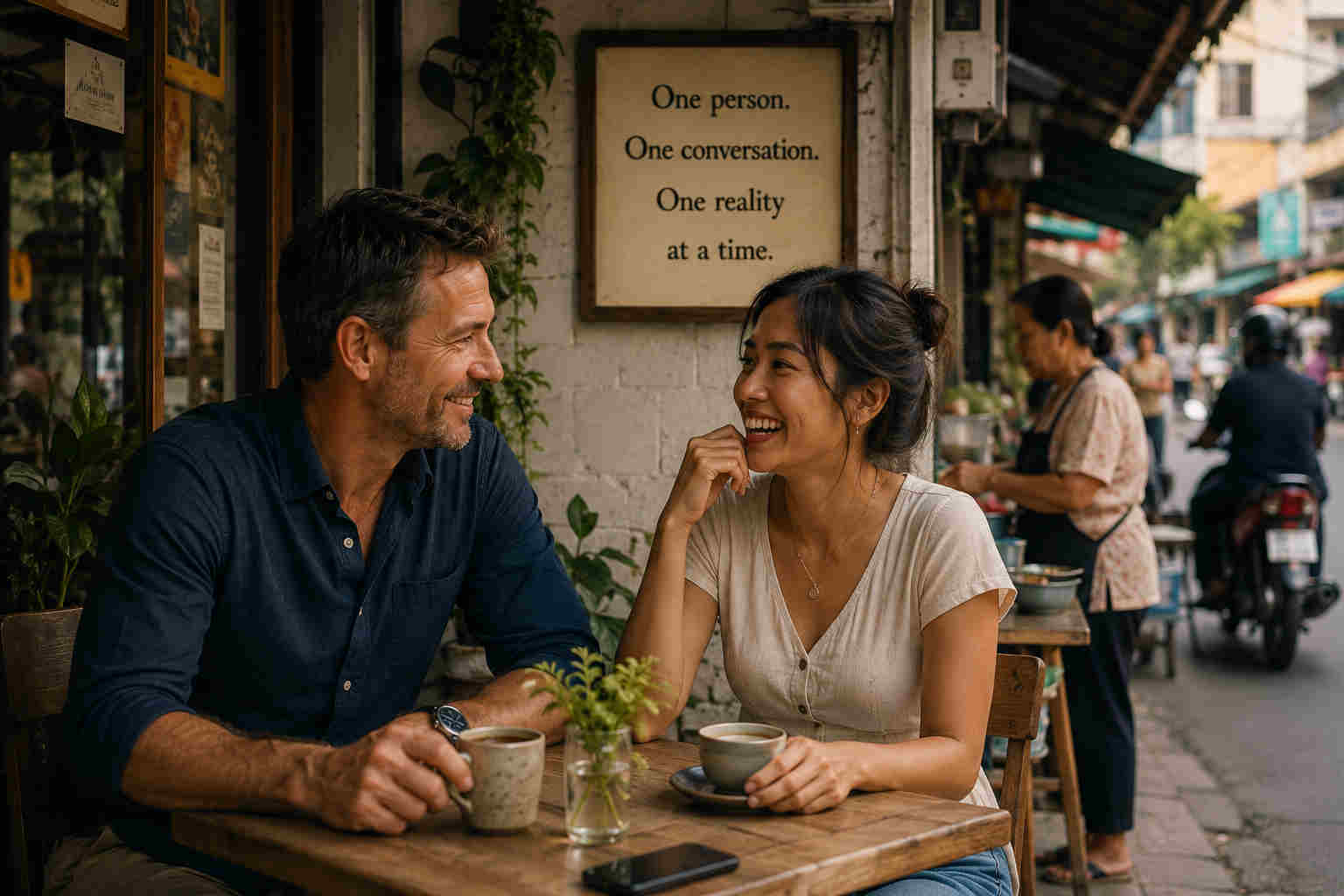 American man and Thai woman enjoying a genuine conversation at an ordinary neighborhood café in Thailand