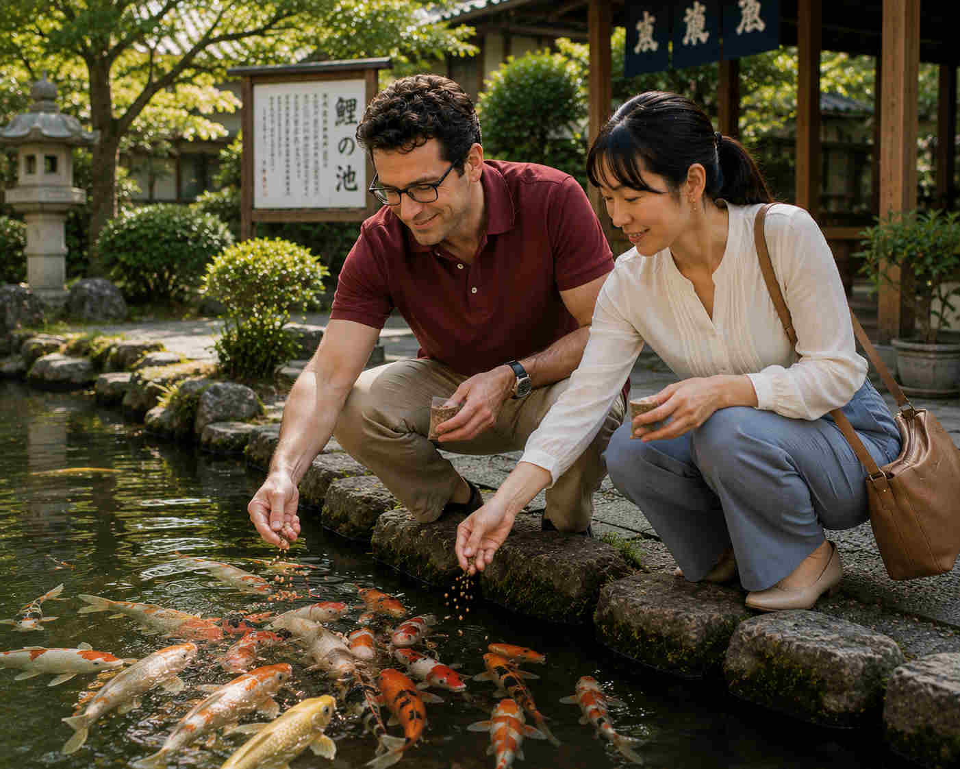 Couple feeding koi together during a relaxed Japanese garden date