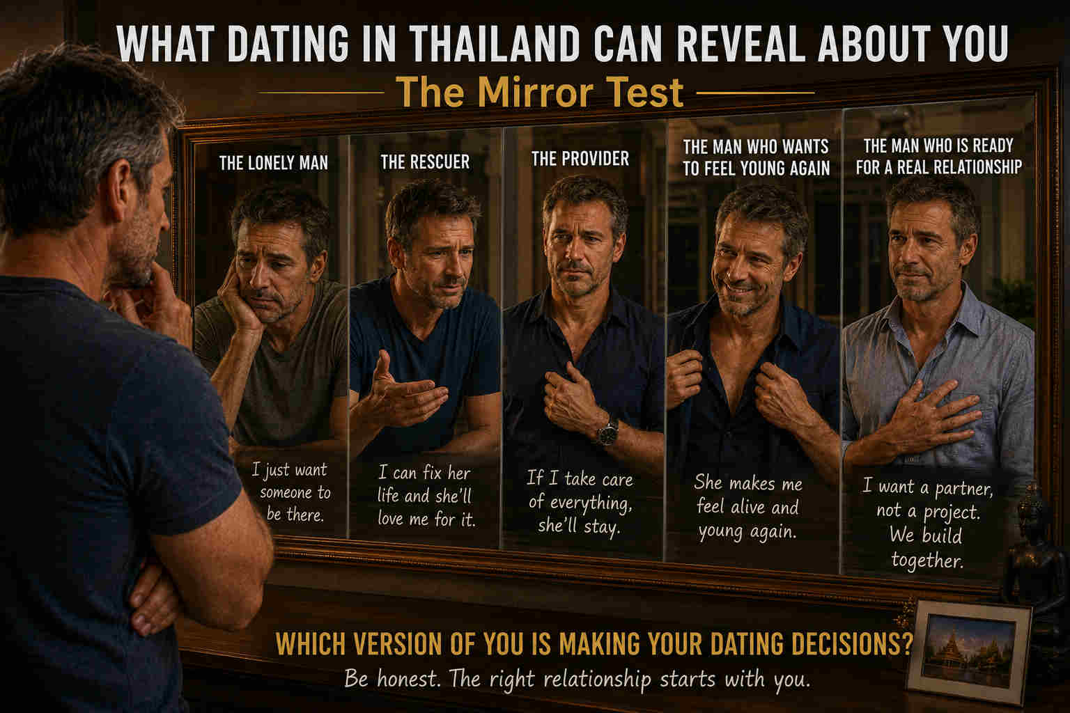 Divorced man examining his motivations for dating in Thailand through different emotional reflections