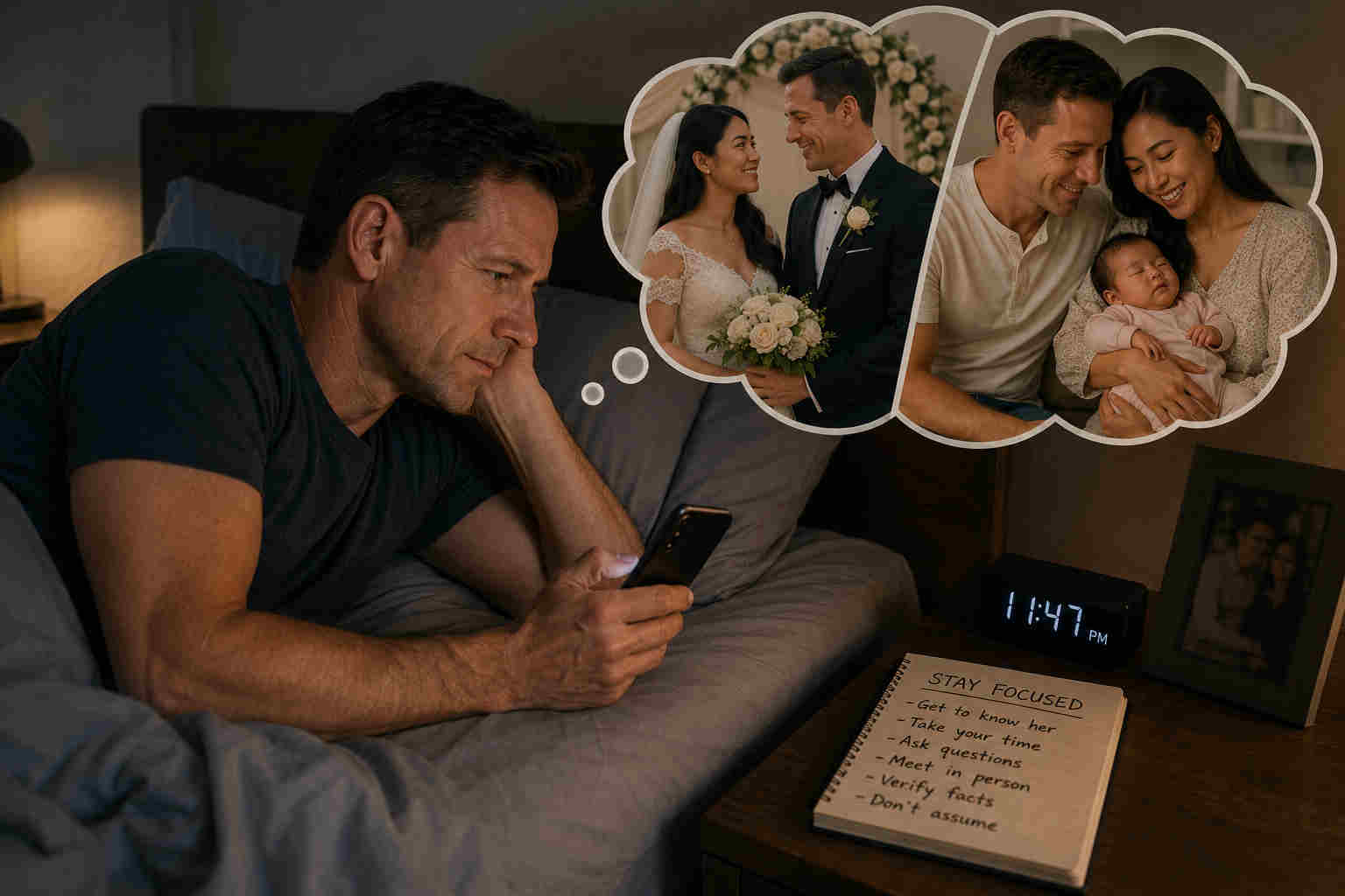 American man in bed imagining marriage and family before fully knowing a Filipina he met online