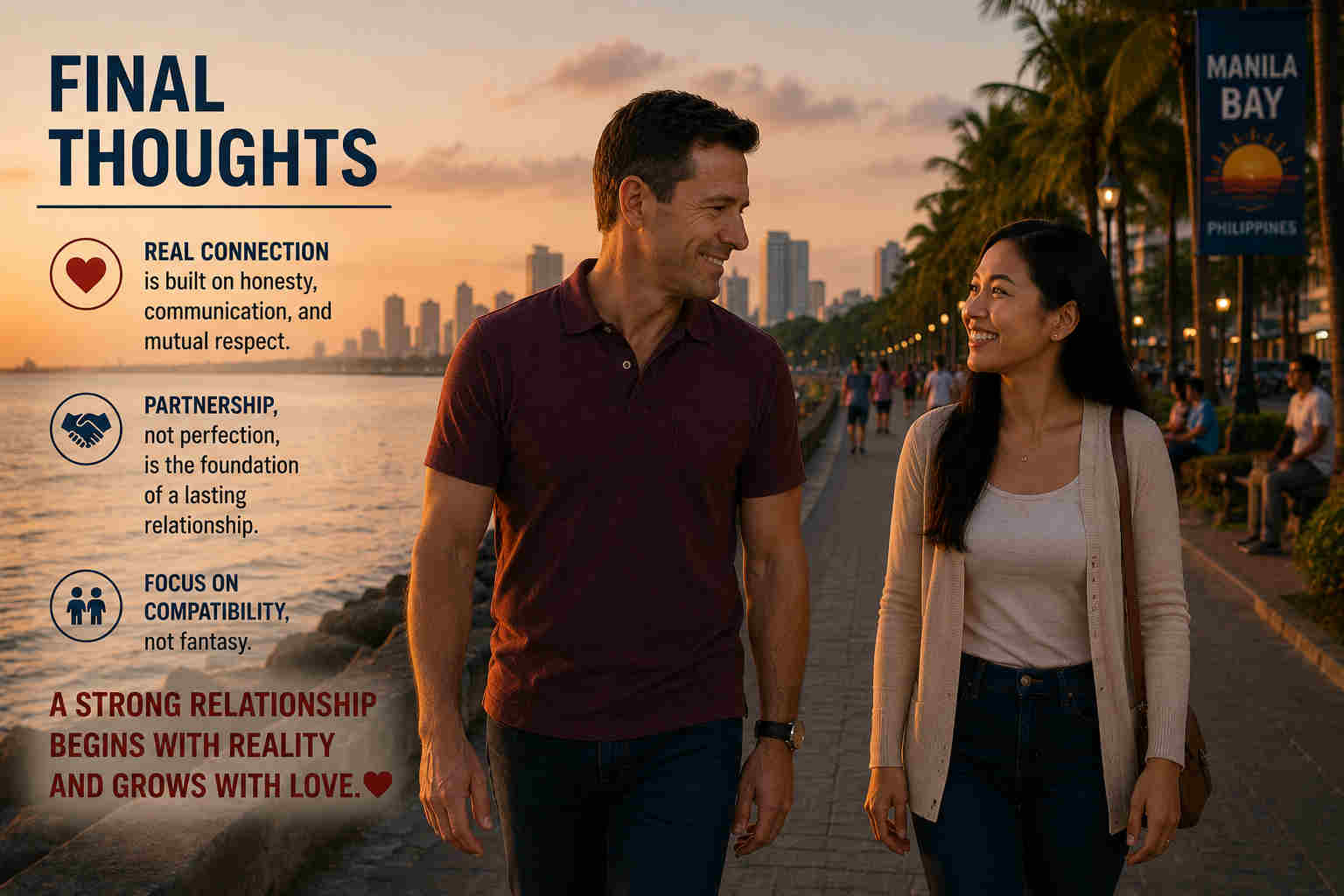 American man and Filipino woman walking on Manila Bay waterfront at sunset while talking naturally