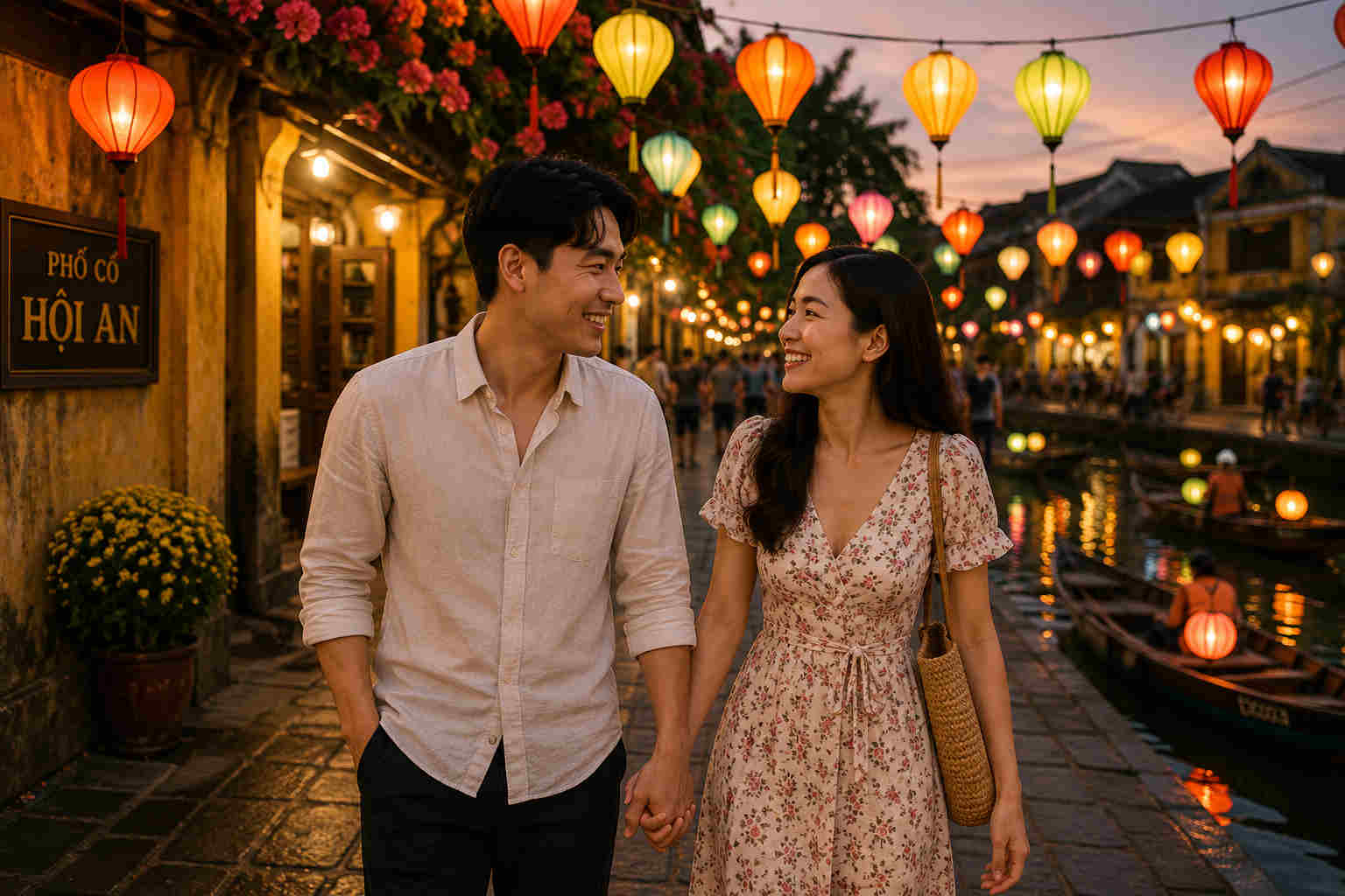 Vietnamese couple walking beneath colorful lanterns in Hoi An during early evening
