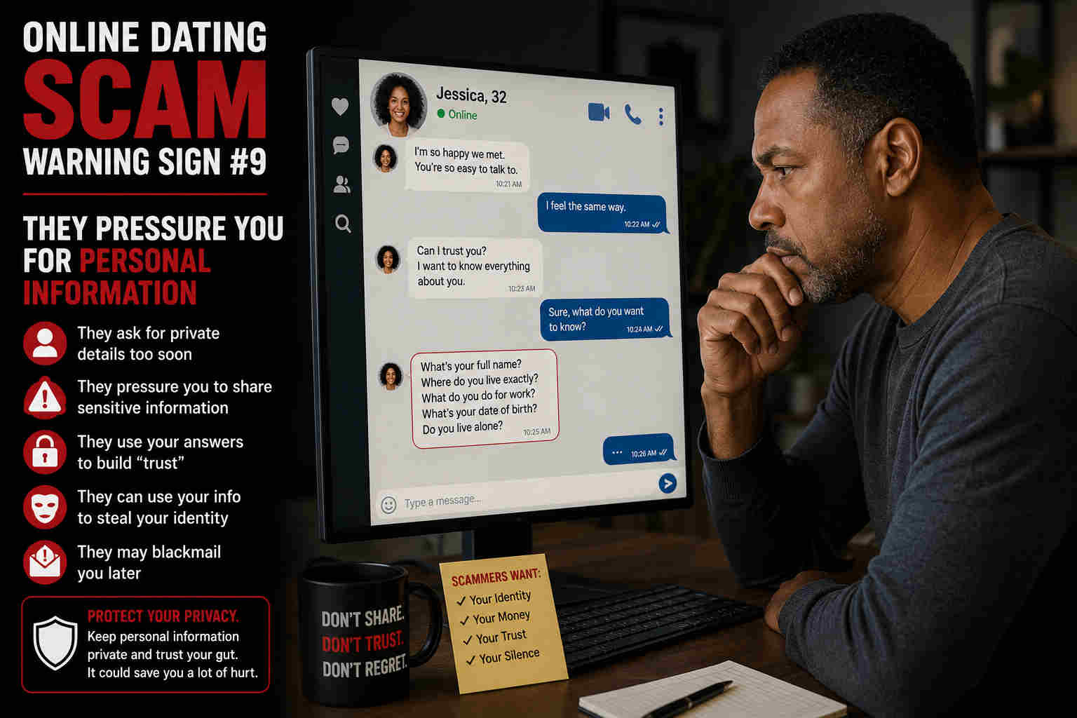 Online dating scam warning sign where a man is pressured for personal information