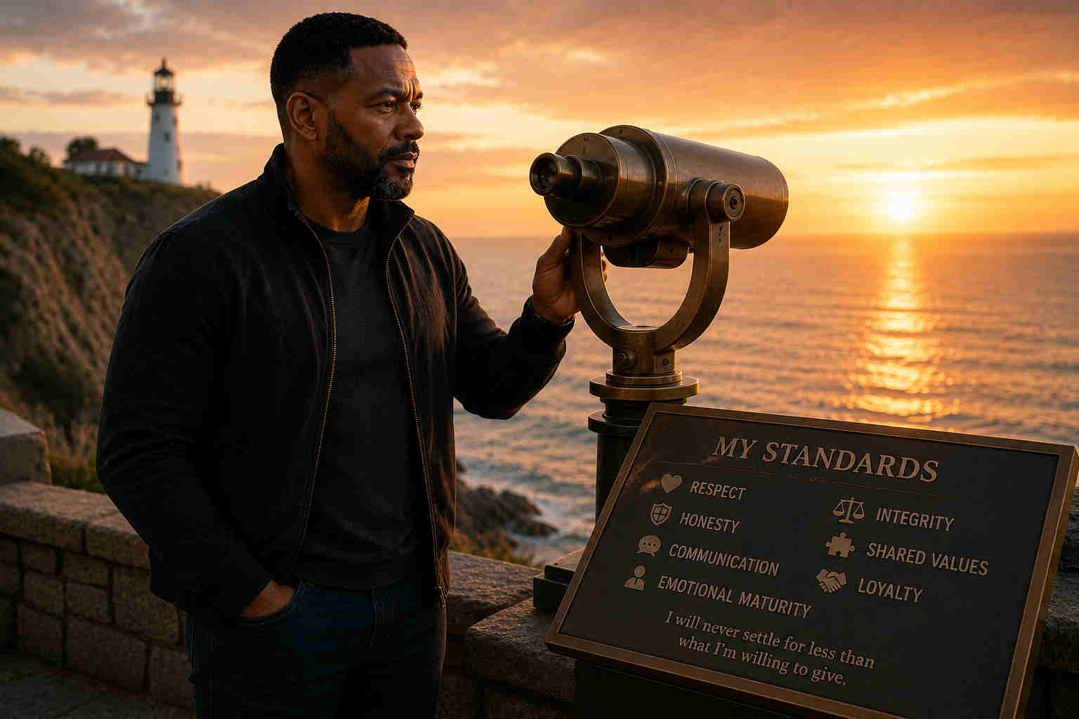 Divorced man reviewing relationship standards while overlooking the coastline at sunset