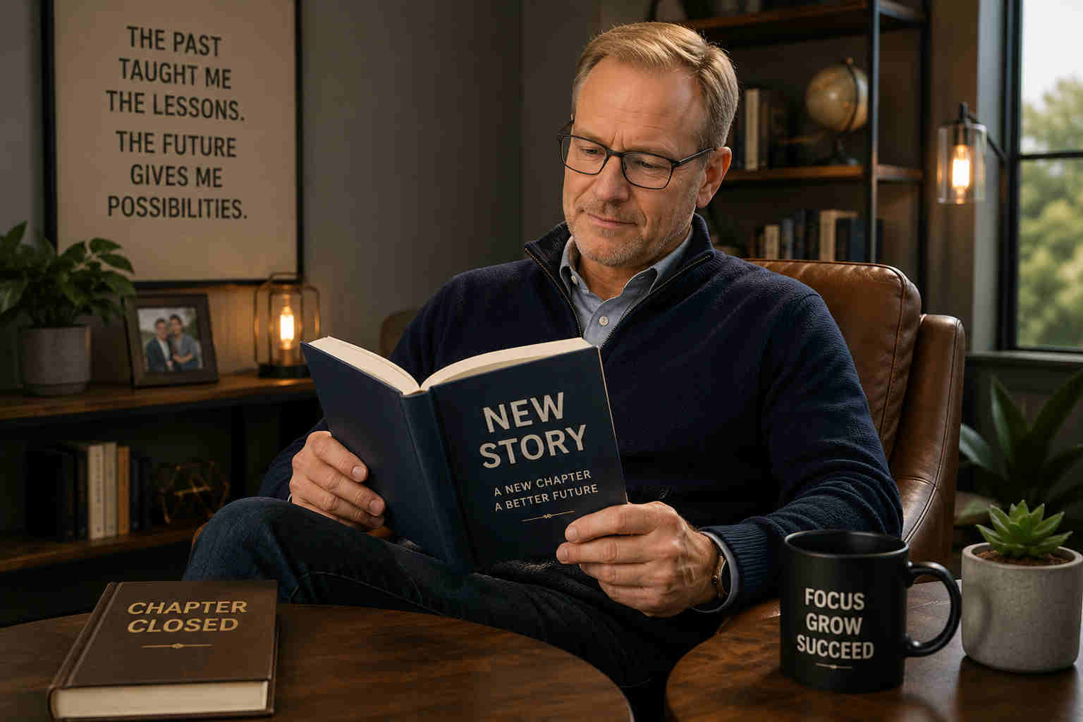 Blond divorced man reading a book titled New Story after closing an old chapter