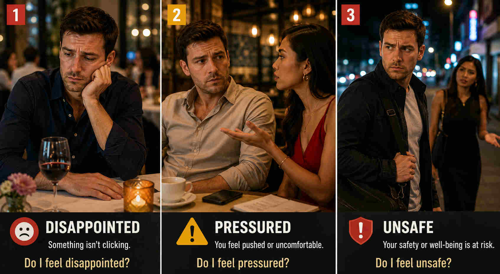 Three stages of concern during an overseas date: disappointed, pressured, and unsafe