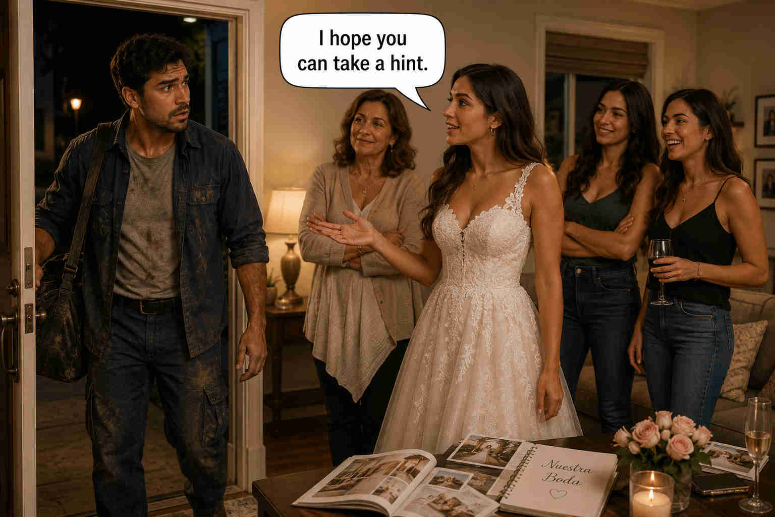 A shocked man arrives home to find a woman in a wedding dress, symbolizing discussing marriage too early in a relationship