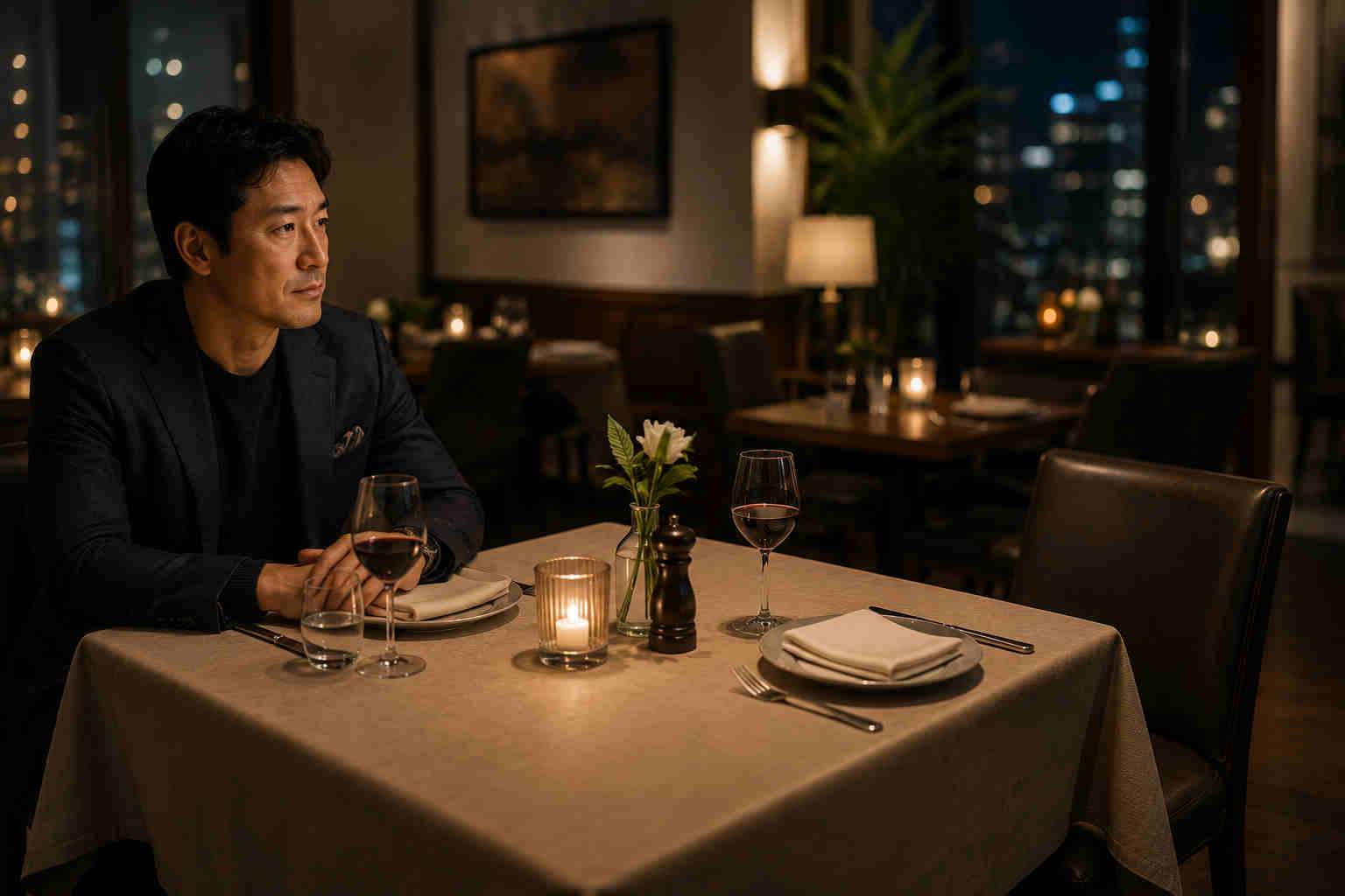 A Korean man in his 40s sitting at a restaurant table set for two with an empty chair across from him