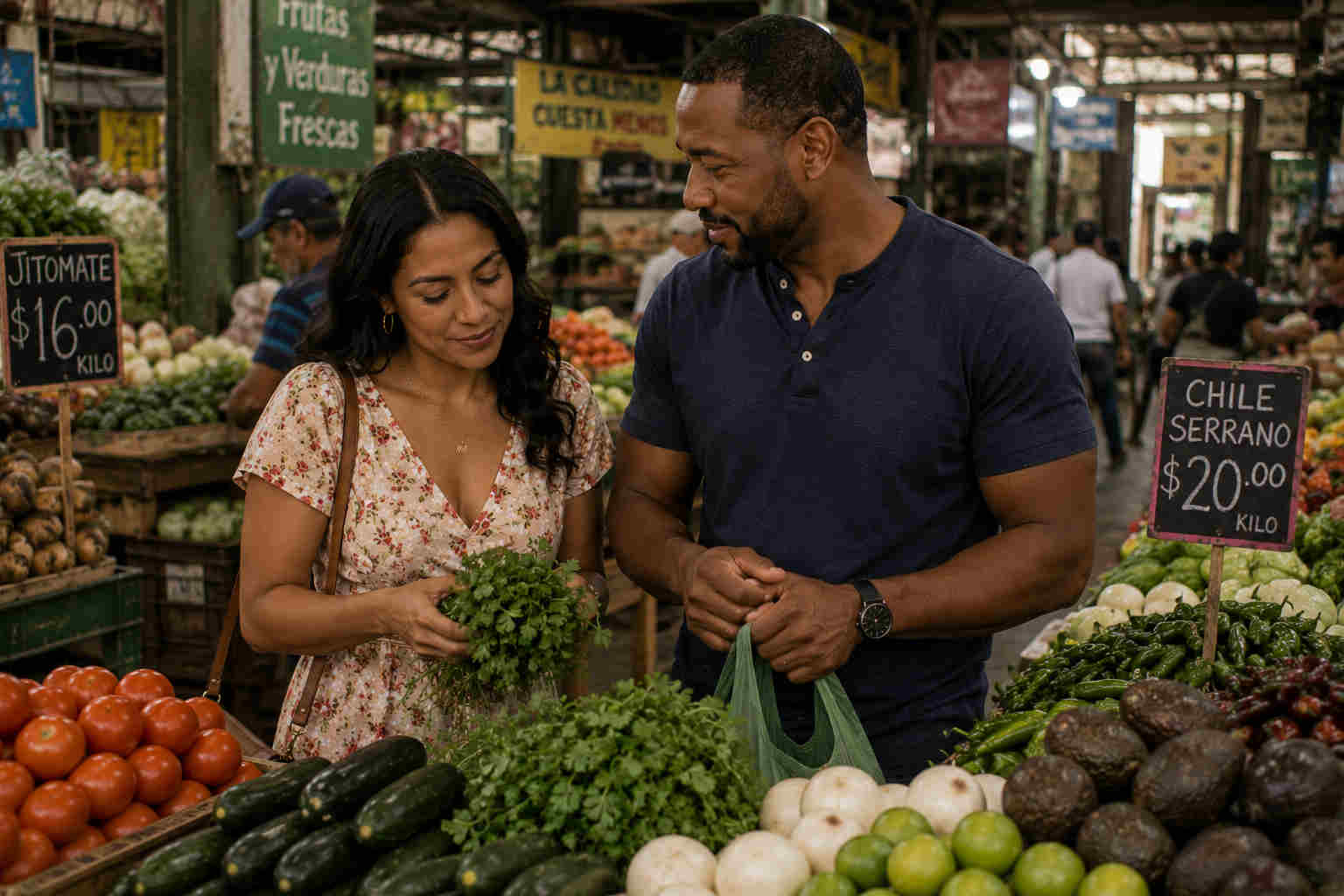 African American man and Mexican woman quietly shopping for produce in a neighborhood Mexico City market