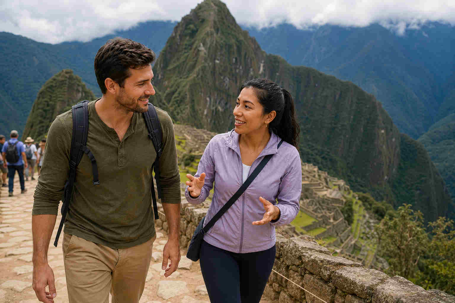 A couple walking and talking near Machu Picchu rather than posing for a selfie