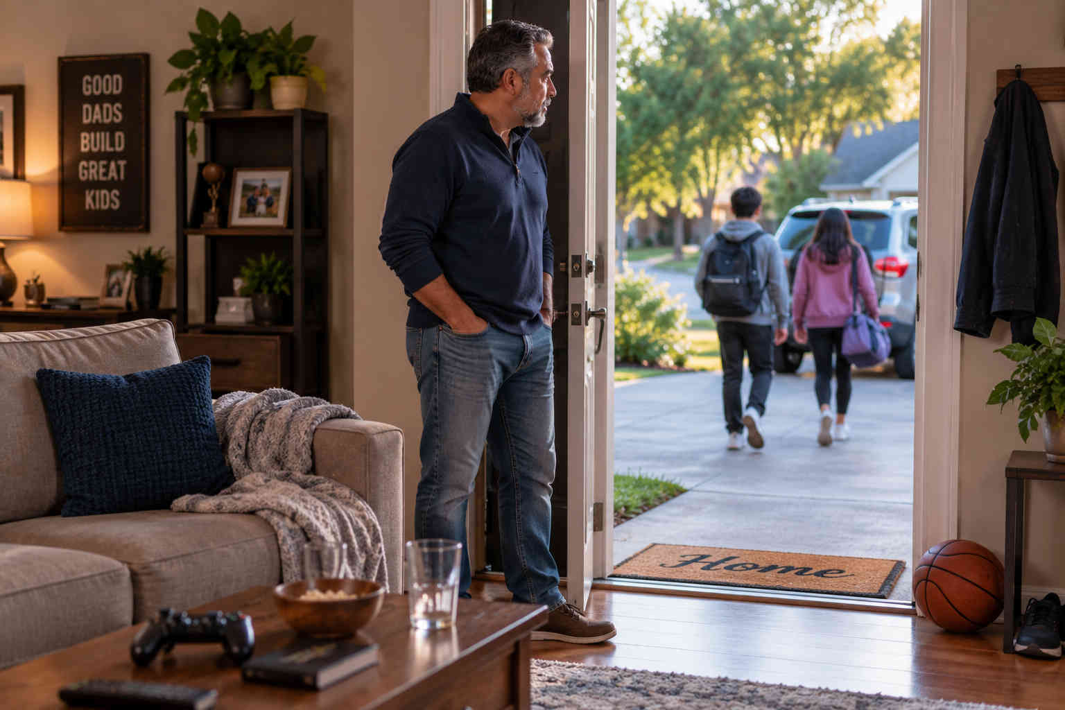 Divorced father watching his children leave for their other home after parenting time