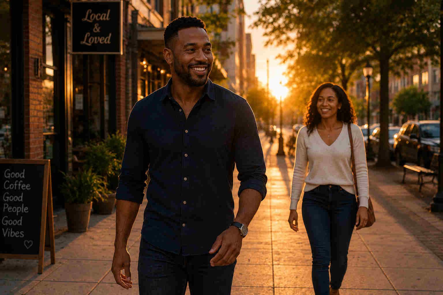 Black man walking confidently on a downtown street at sunset while his girlfriend follows smiling