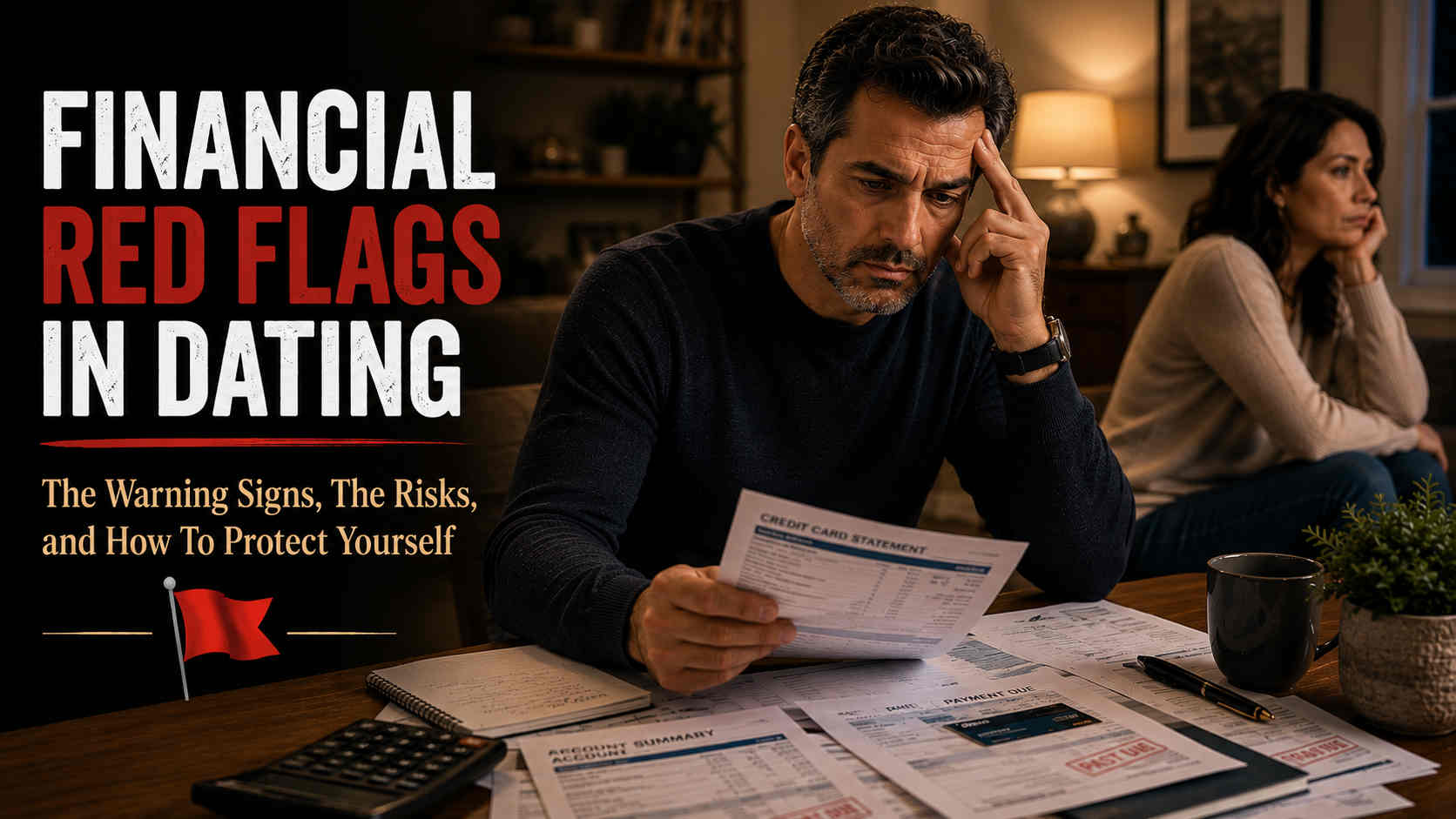 Financial Red Flags In Dating hero image with a couple facing financial stress