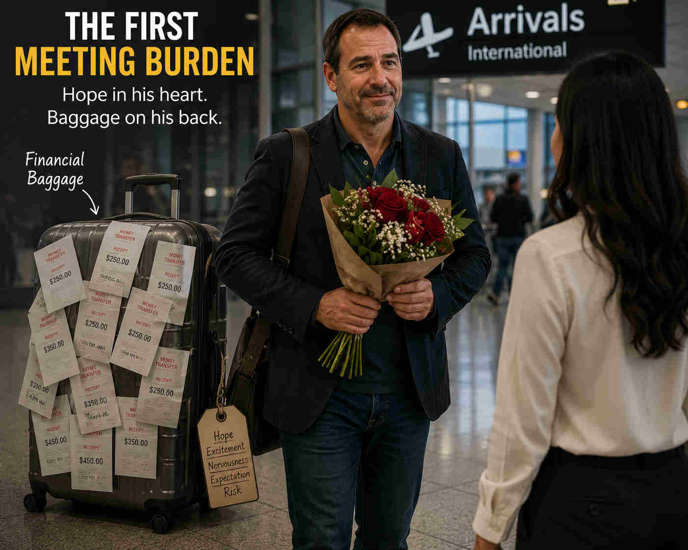 Man arriving at an airport with flowers and a suitcase covered in money-transfer receipts
