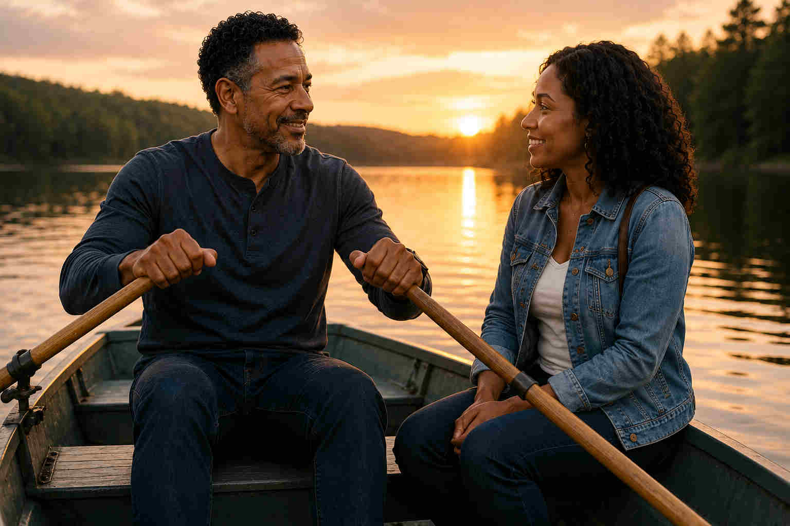 Divorced man and woman smiling on a rowboat date while focusing on connection