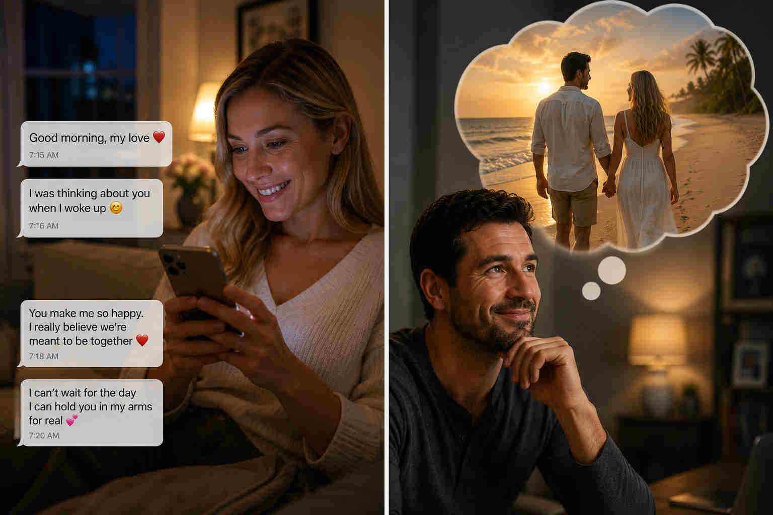 Split screen showing a woman sending affectionate messages and a man imagining a future beach walk