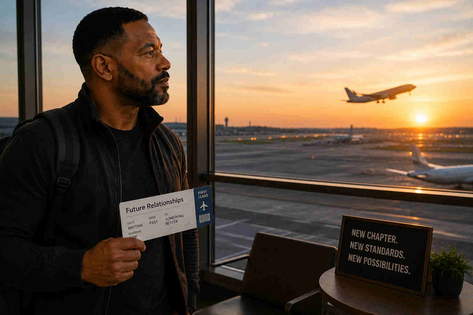 Divorced man looking toward future relationships and new opportunities from an airport observation lounge