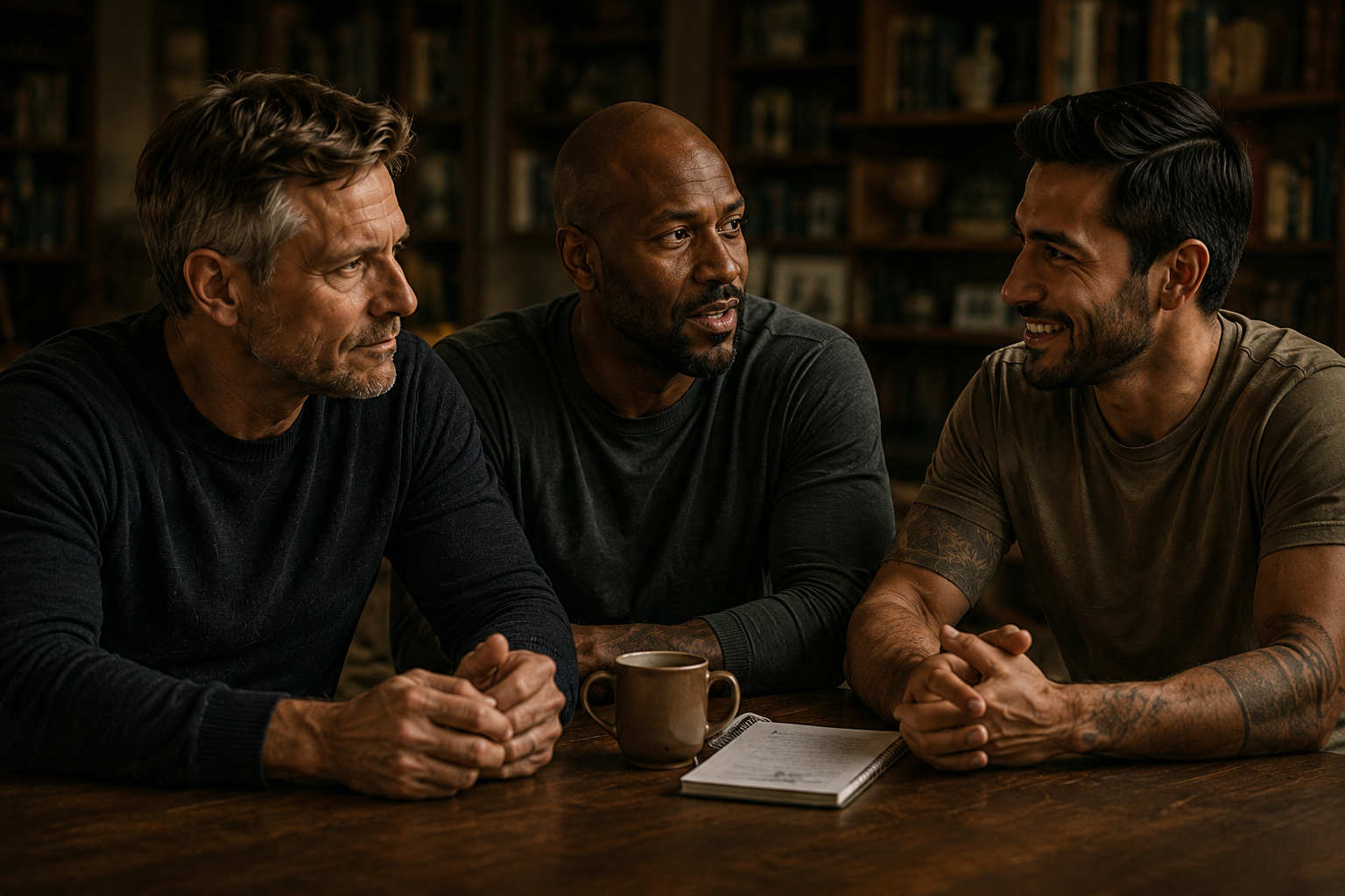 Three fathers talking together around a table
