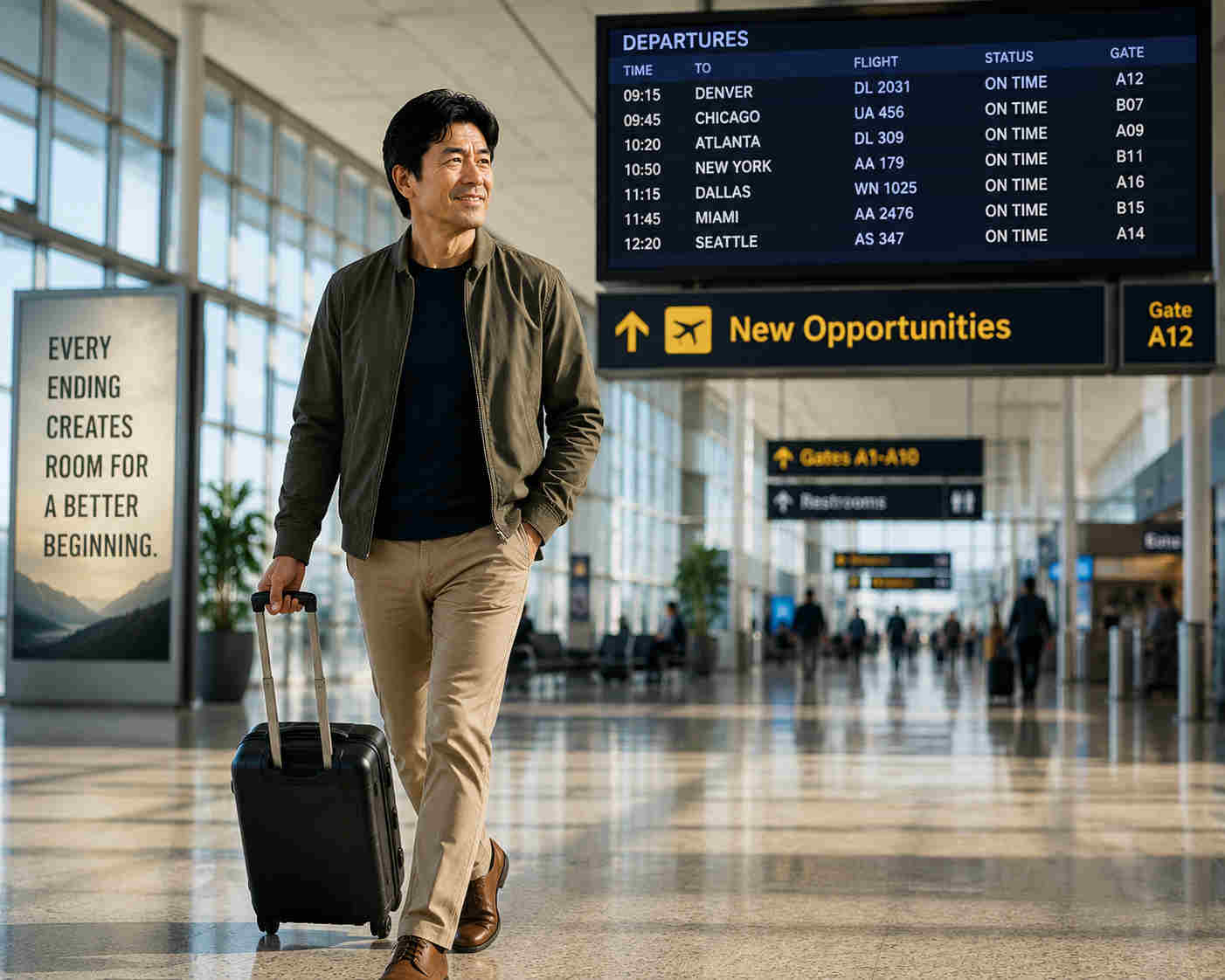 Asian divorced man walking confidently through an airport toward a sign reading New Opportunities