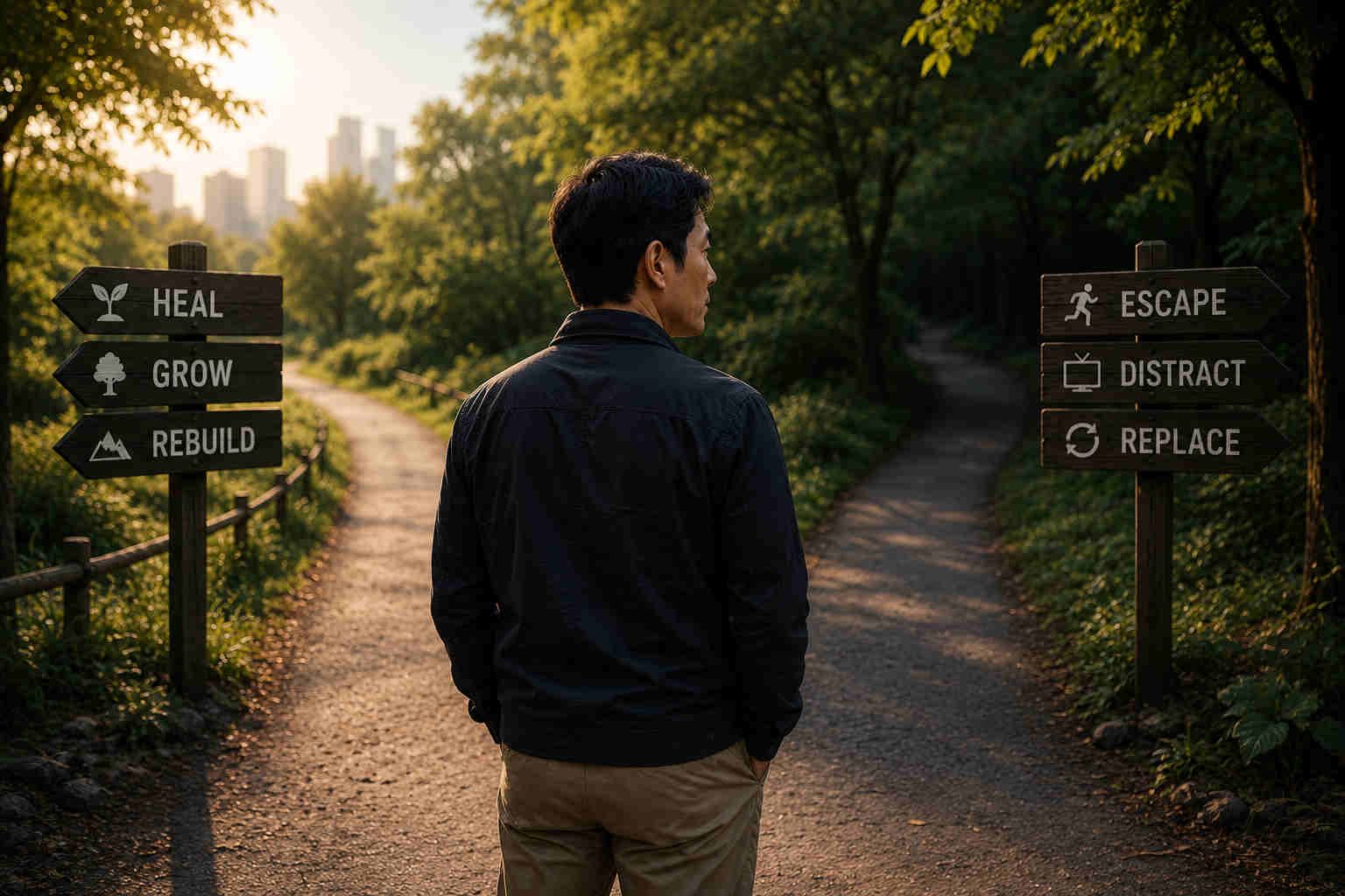 Korean man standing at a fork in the path choosing between healing and escape after divorce