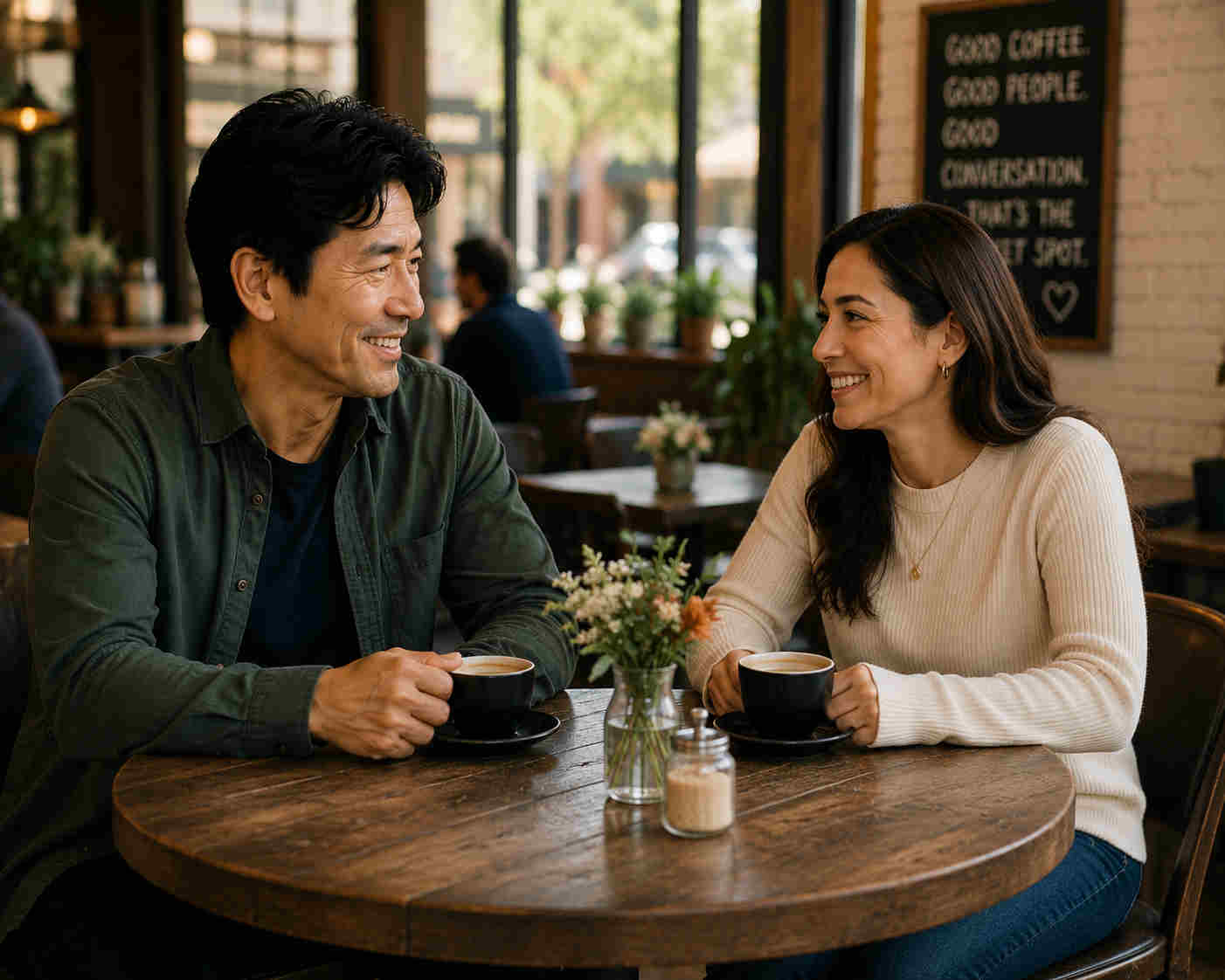 Asian divorced man meeting a woman for coffee with no phones on the table and healthy communication
